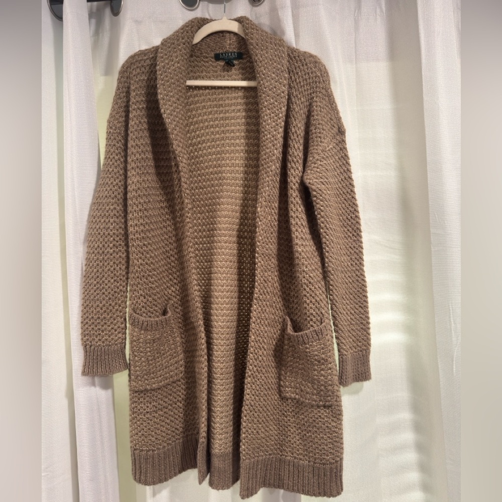 Lauren Ralph Lauren Petite Brown Waffle Knit‎ Wool Blend Cardigan Sweater PM